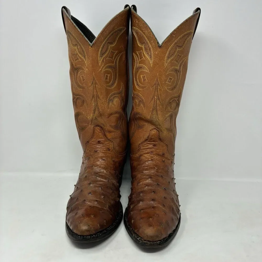 VGUC 8.5 D Justin Boots Full Quill Ostrich Cognac Tan Exotic Men's 8925 Vintage